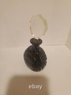 Antique BLACK CUT GLASS INTAGLIO FLORALS CZECH PERFUME BOTTLE withDAUBER