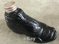 Antique BLACK Glass Whiskey Flask Figural SHOE Bottle withToe