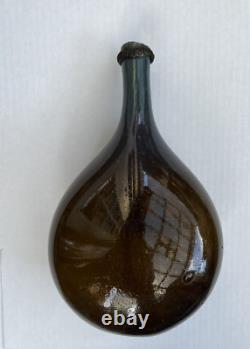 Antique Black Glass Belgian Spa Water Bottle Circa 1730 Blue Gall Cog Rim