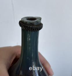 Antique Black Glass Belgian Spa Water Bottle Circa 1730 Blue Gall Cog Rim