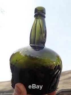 Antique Black Glass Bottle P. Dawson Whiskey Glenlivet Black Glass Mallet Onion