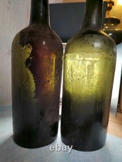 Antique Black Glass Bottles, Two Bottles Height 28 cm
