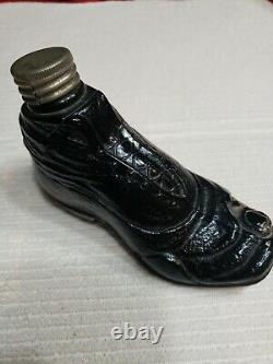 Antique Black Glass Shoe Flask 1800s Rare