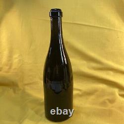 Antique Champagne Bottle 1880s, Applied Finish, Black Glass, Iron Pontil Mark