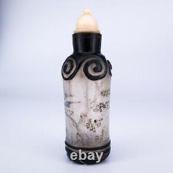 Antique Chinese Inside Reverse Painted Peking Glass Black Overlay Snuff Bottle