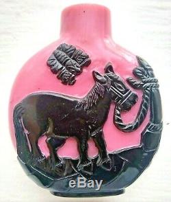 Antique Chinese Pink & Black Overlay Glass Snuff Bottle with Horse & Butterfly