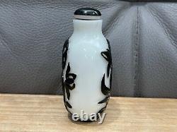 Antique Chinese Republic Black Overlay Glass Snuff Bottle w Floral & Animal Dec
