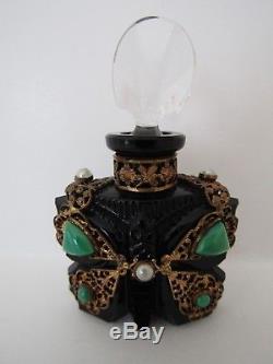 Antique Czech Cut Glass Black Butterfly Perfume Bottle Gold jeweled filigree