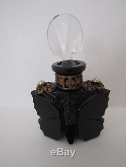 Antique Czech Cut Glass Black Butterfly Perfume Bottle Gold jeweled filigree