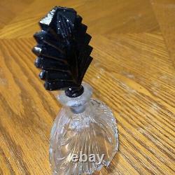 Antique Czech Cut Glass Perfume Bottle Faceted Art Deco Black Topper Empty
