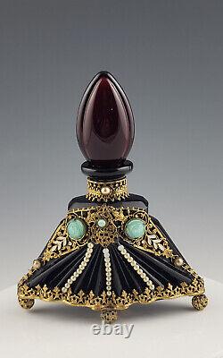 Antique Czechoslovakia Jeweled Hand-cut Black Glass Perfume Bottle