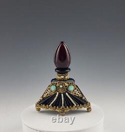 Antique Czechoslovakia Jeweled Hand-cut Black Glass Perfume Bottle