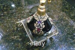 Antique Czechoslovakian Black Glass Perfume Bottle w Stones & Brass Filigree