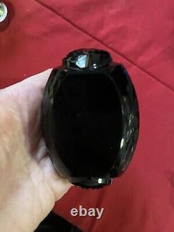 Antique Czechoslovakian Glass Etched Perfume Bottle And Stopper Black/ Deep Purp