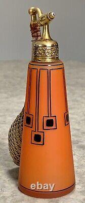 Antique DeVilbiss Glass Perfume Atomizer Bottle Satin Orange And Black 1920s