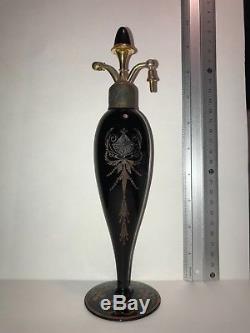 Antique DeVilbiss perfume bottle, black glass with etched urn & swag design