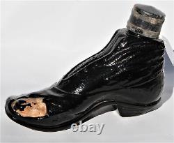 Antique Figural Black Glass Shoe Boot Whiskey Bottle With Original Paint On Toe