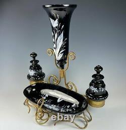 Antique French Art Glass Napoleon III Vanity Stand, Vase, 2 Perfume Bottle, Tray
