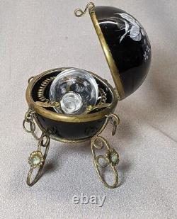 Antique French Black Opaline Glass Egg Casket Box Perfume Bottle Bronze Mounts