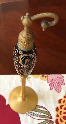 Antique Glass Atomizer Perfume Bottle, Black with Hand Painted Design, Gold Stem
