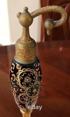 Antique Glass Atomizer Perfume Bottle, Black with Hand Painted Design, Gold Stem