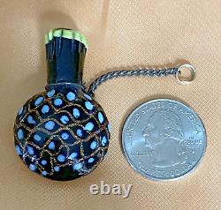 Antique Glass Chatelaine Miniature Perfume Bottle, Blue, Gold Lattice, BIN