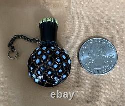 Antique Glass Chatelaine Miniature Perfume Bottle, Blue, Gold Lattice, BIN