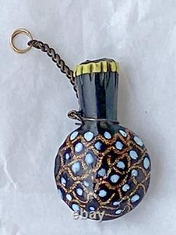 Antique Glass Chatelaine Miniature Perfume Bottle, Blue, Gold Lattice, BIN