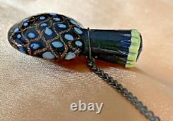 Antique Glass Chatelaine Miniature Perfume Bottle, Blue, Gold Lattice, BIN