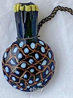 Antique Glass Chatelaine Miniature Perfume Bottle, Blue, Gold Lattice, BIN