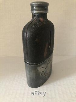 Antique Glass Hip Flask withEngraved Pewter Drinking Cup & Black Leather