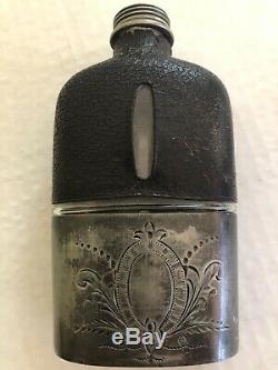 Antique Glass Hip Flask withEngraved Pewter Drinking Cup & Black Leather