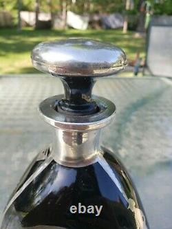 Antique Golf Sterling Silver Overlay pinch bottle Decanter Rye black glass