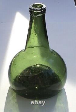 Antique Green Onion Black Glass Bottle 1700's Unique Example Bubbles, Swirles