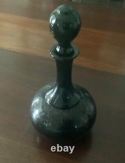 Antique Hand Blown Black Amethyst Glass Cruet and Stoppered Bottle