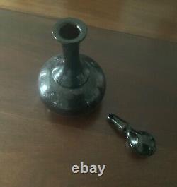 Antique Hand Blown Black Amethyst Glass Cruet and Stoppered Bottle