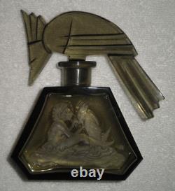 Antique Heinrich Hoffmann Art Deco Aztec & Bird Clear Black Glass Perfume Bottle