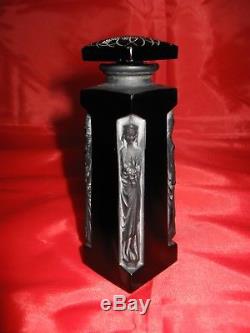 Antique Lalique Perfume Bottle, Elegant Black Glass, Lady Figural Ambre D'Orsay