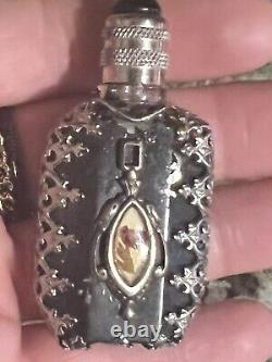 Antique Ormolu Miniature Black Perfume Bottle Ornate With Dauber Crochet Pouch