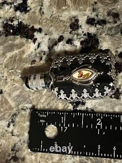 Antique Ormolu Miniature Black Perfume Bottle Ornate With Dauber Crochet Pouch