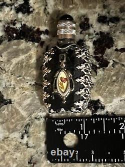 Antique Ormolu Miniature Black Perfume Bottle Ornate With Dauber Crochet Pouch