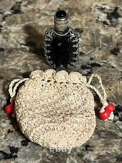 Antique Ormolu Miniature Black Perfume Bottle Ornate With Dauber Crochet Pouch