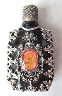 Antique PERFUME BOTTLE Ornate Silver Over Black Glass SNUFF Dauber