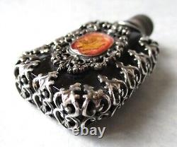 Antique PERFUME BOTTLE Ornate Silver Over Black Glass SNUFF Dauber