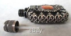 Antique PERFUME BOTTLE Ornate Silver Over Black Glass SNUFF Dauber