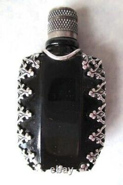 Antique PERFUME BOTTLE Ornate Silver Over Black Glass SNUFF Dauber