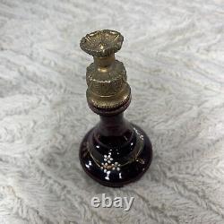 Antique Perfume Bottle Black Amethyst Glass MOSER Metal Flower Lid 4.5