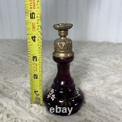 Antique Perfume Bottle Black Amethyst Glass MOSER Metal Flower Lid 4.5