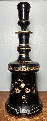 Antique Puce Black Glass Bohemian Style Floral Perfume Bottle with Gold Gilt