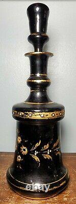 Antique Puce Black Glass Bohemian Style Floral Perfume Bottle with Gold Gilt